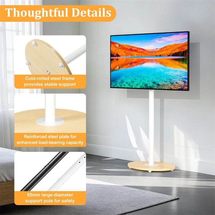 TV floor stand with steel frame and support pole.