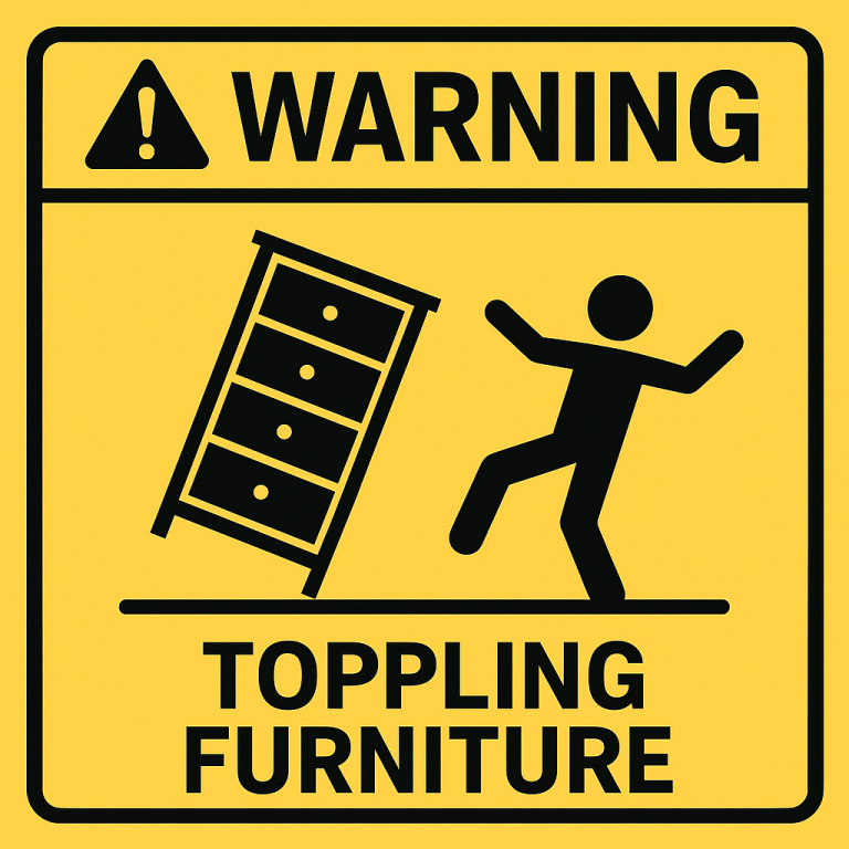 Warning sign for toppling furniture hazard.