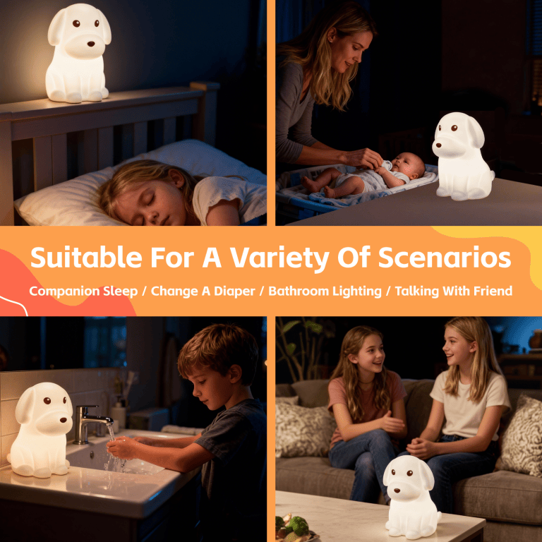 Dog-shaped night light for various household scenarios.