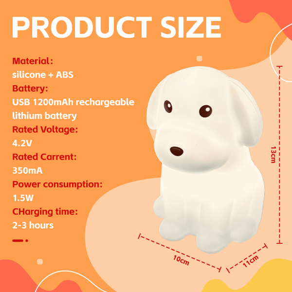 Cute dog-shaped night light dimensions and specifications.
