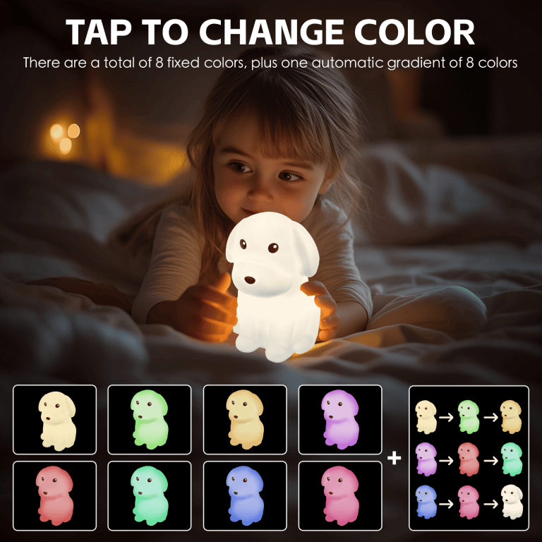 Child with glowing colour-changing dog night light.