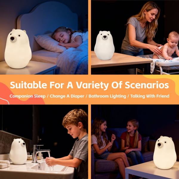 Bear night light used in diverse family scenarios.