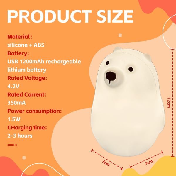 Bear-shaped lamp specifications, battery and dimensions.