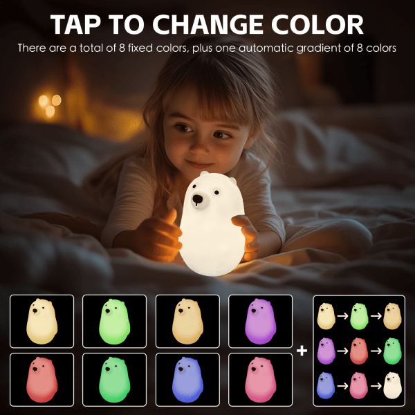 Child holds glowing bear night light, colour options shown.