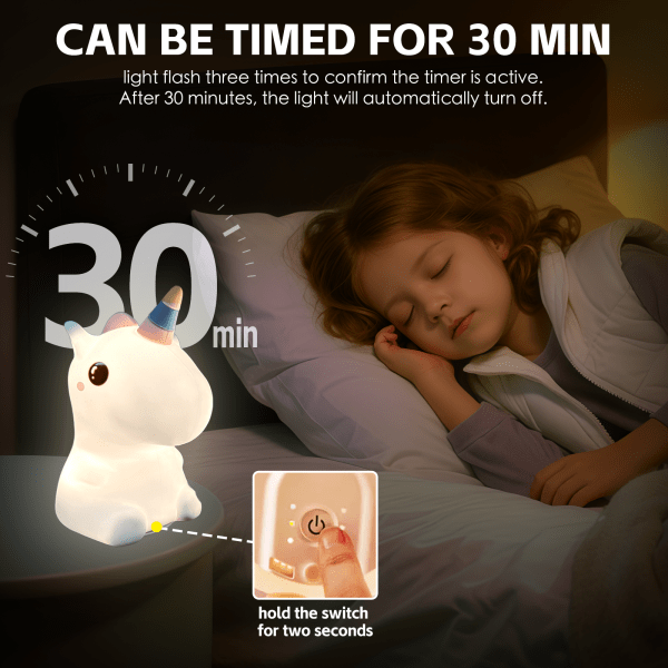 Child sleeping with unicorn night light timer