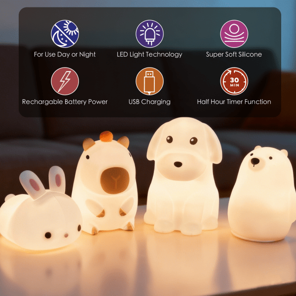 Cute animal night lights with LED technology.