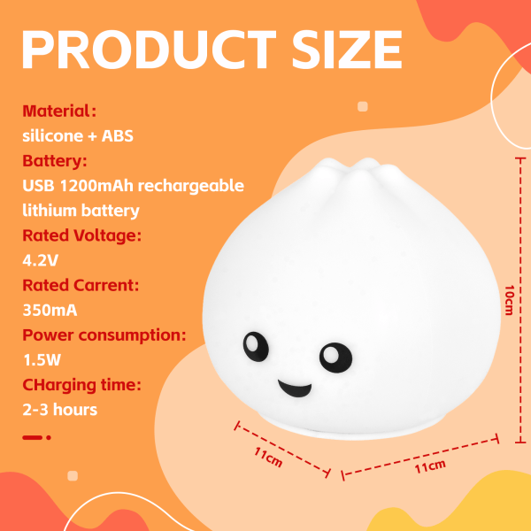 Cute dumpling nightlight specifications and dimensions.
