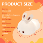 Cute bunny lamp, USB rechargeable, product specifications displayed.