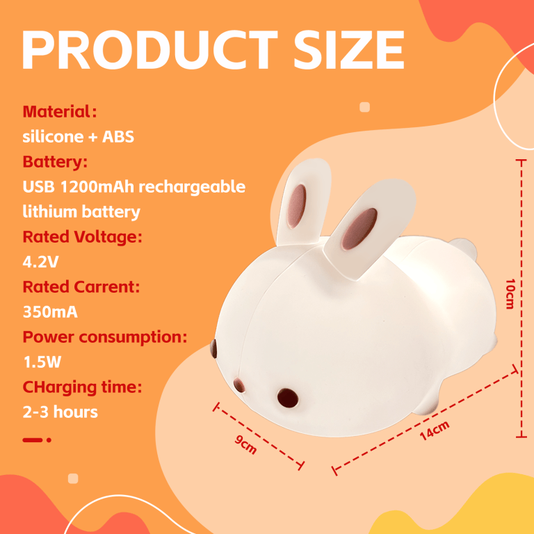 Cute bunny lamp, USB rechargeable, product specifications displayed.