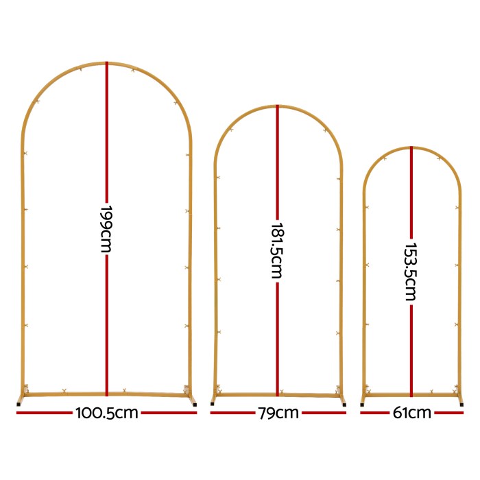 Three gold metal arch frames, varying sizes shown.