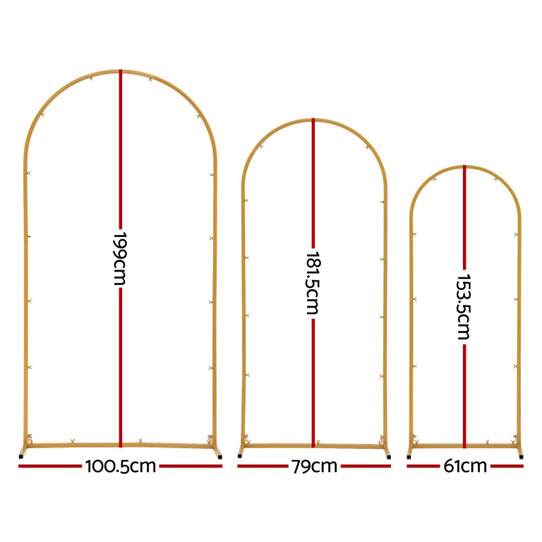 Three gold metal arch frames, varying sizes shown.