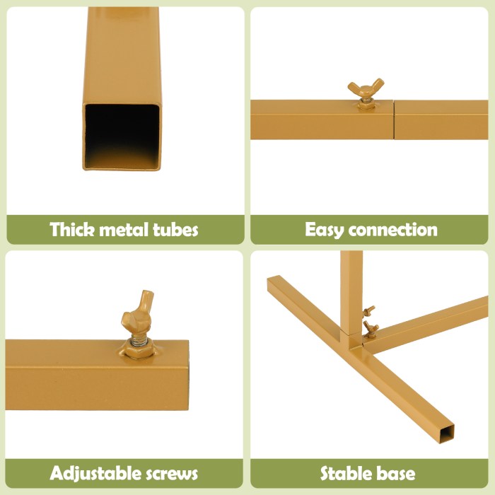 Gold metal stand with adjustable screws and stable base.
