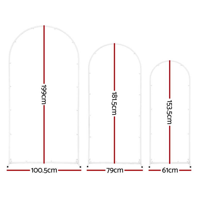 wedding arch backdrop stand set of 3 metal wedding arched frame white, easy to assemble, stable balloon arch standfor wedding, baby shower, party decoration Three white arch frames, varying heights and widths.