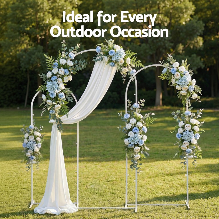 wedding arch backdrop stand set of 3 metal wedding arched frame white, easy to assemble, stable balloon arch standfor wedding, baby shower, party decoration Outdoor floral archway with green backdrop.