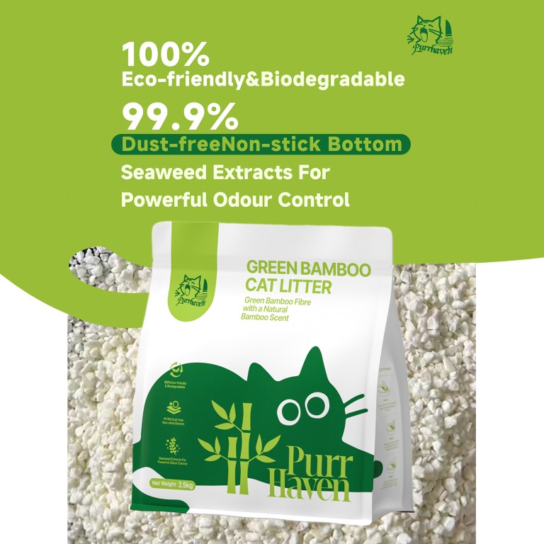 purrhaven bamboo clumping cat & kitty litter, 15kg (6 pack),dust free,natural flusable,easy to clean,odour neutraliser,rapid liquid absorption,non toxic formula