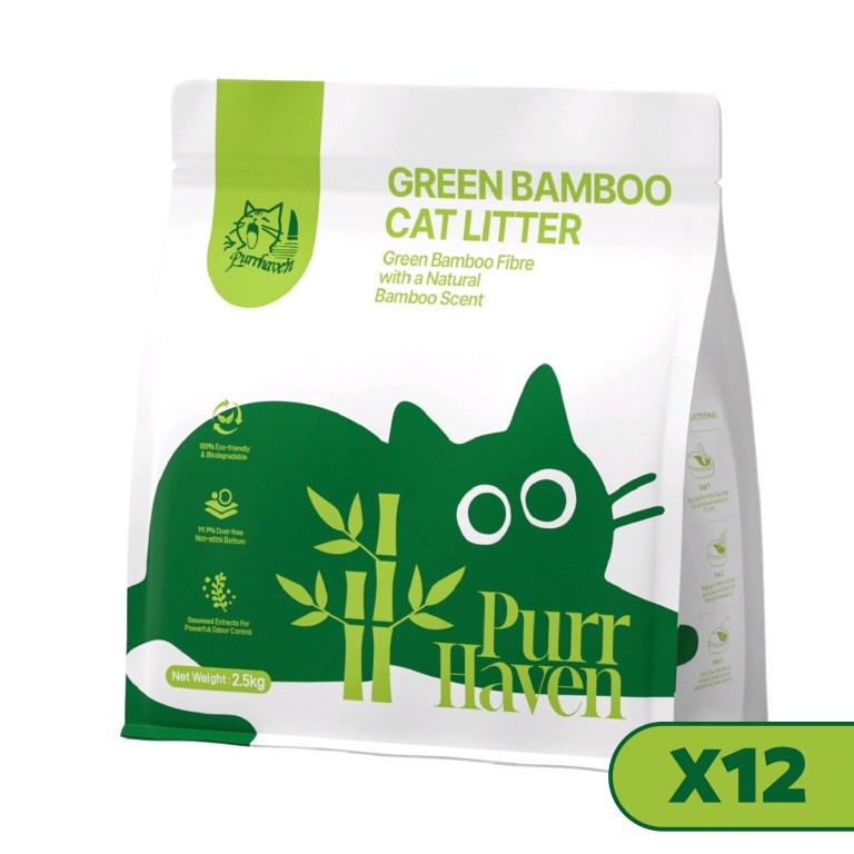 purrhaven bamboo clumping cat & kitty litter, 30kg 12 pack,dust free,natural flusable,easy to clean,odour neutraliser,rapid liquid absorption,non toxic formula