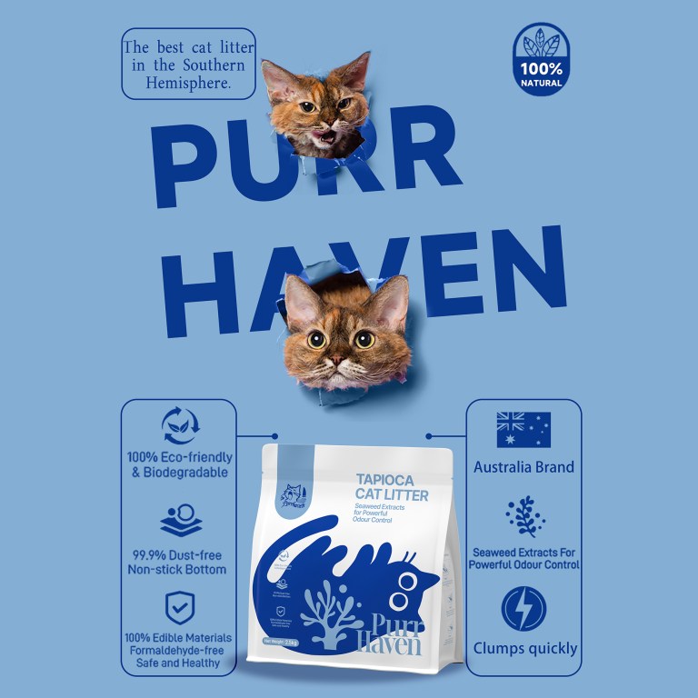 purrhaven tapioca clumping cat & kitty litter, 15kg (6 pack),dust free,natural flusable,easy to clean,odour neutraliser,rapid liquid absorption,non toxic formula
