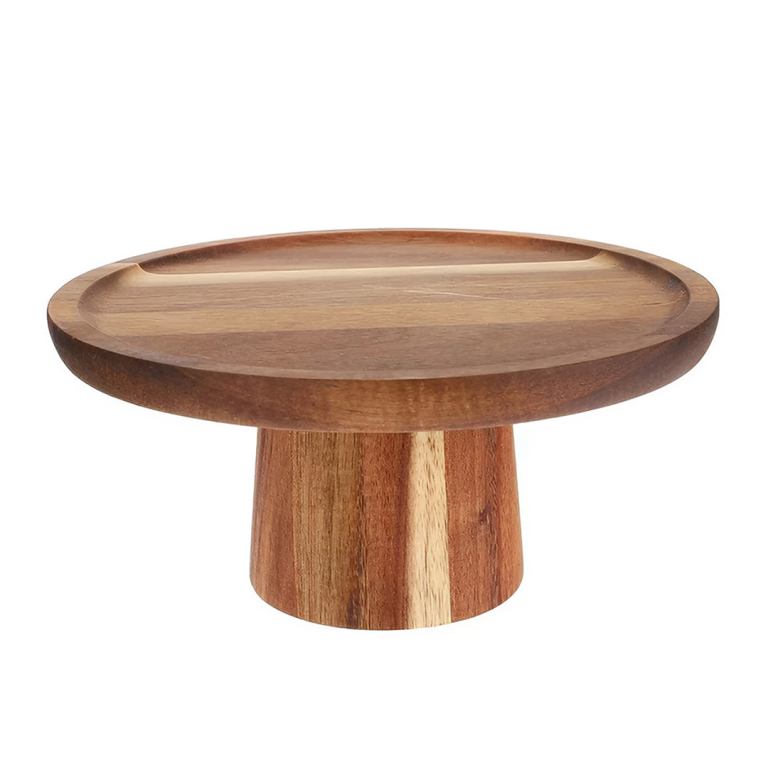 000 0442606c c648 4fbb 8a1f 64a8932b8216.jpg Round wooden pedestal cake stand on white background