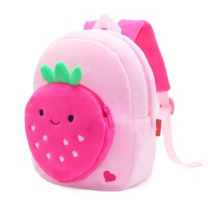 Pink plush strawberry backpack with cute face