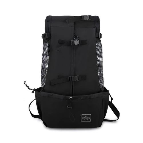 Black roll-top hiking backpack with mesh pockets