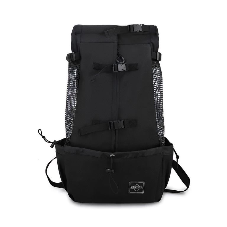 Black roll-top hiking backpack with mesh pockets