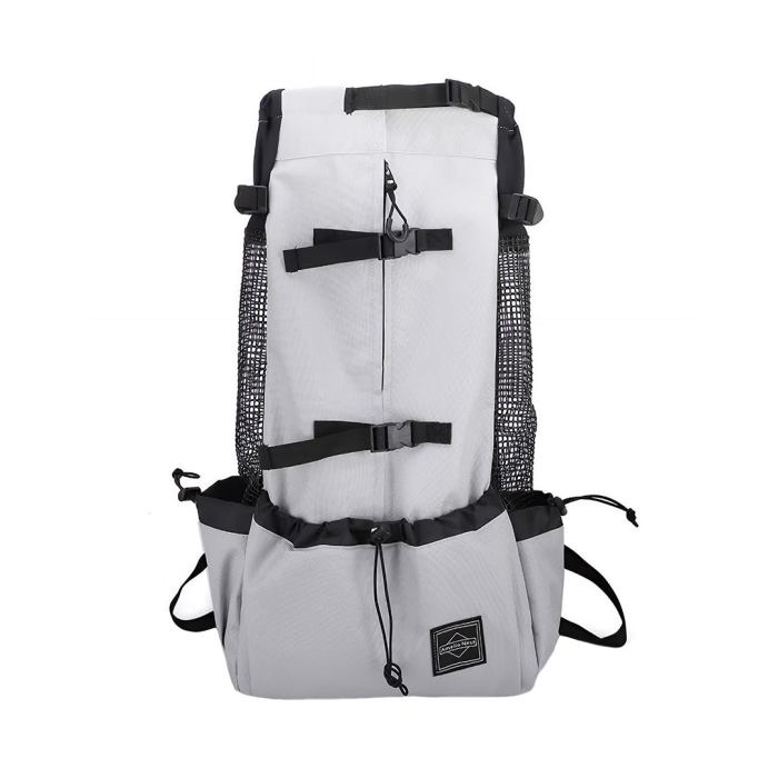 Light grey hiking backpack with black straps