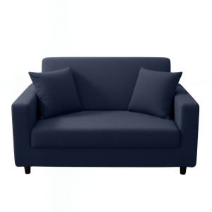 Navy blue two-seater sofa with cushions