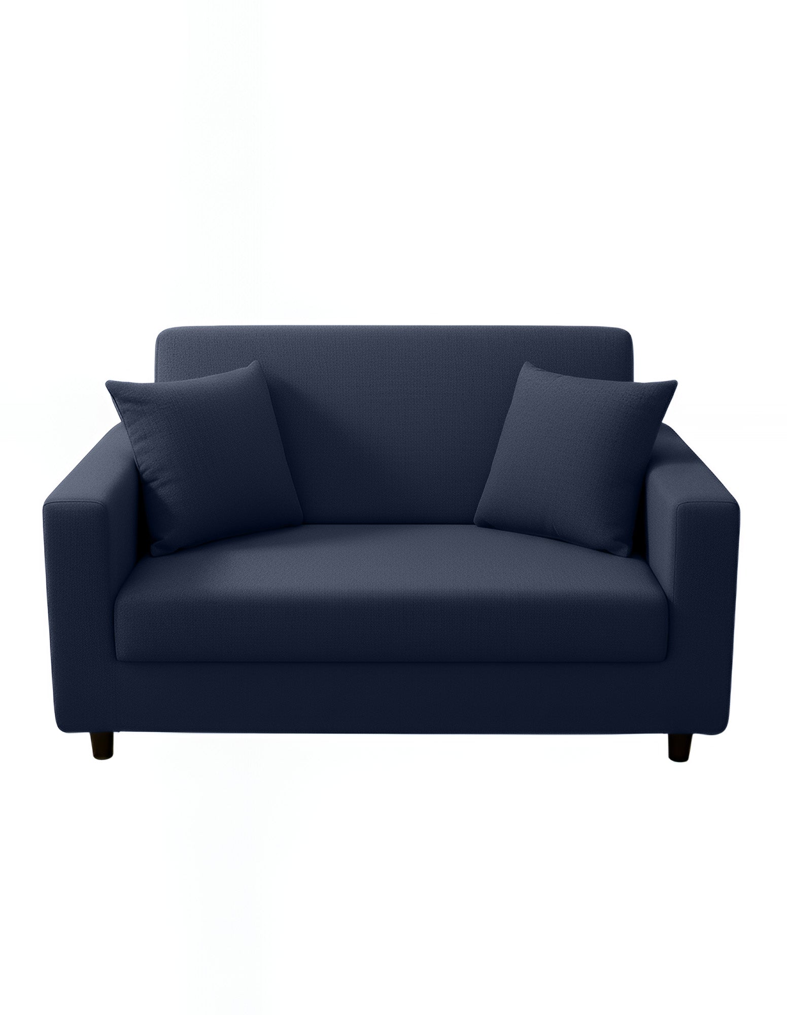 Navy blue two-seater sofa with cushions