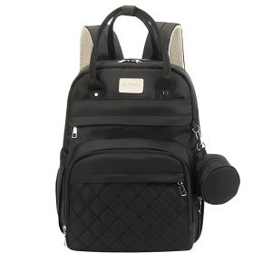 Black quilted backpack with attached side pouch