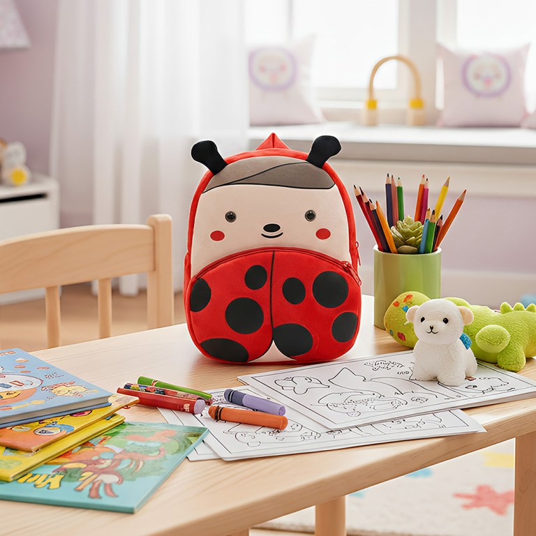 Ladybug backpack on children’s craft table