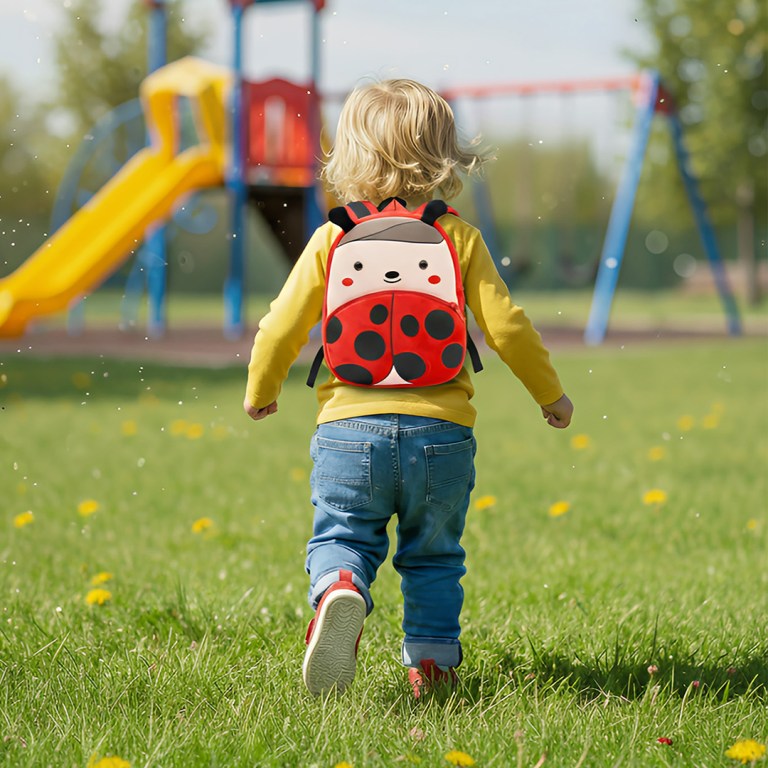 Toddler with ladybug backpack running to playground