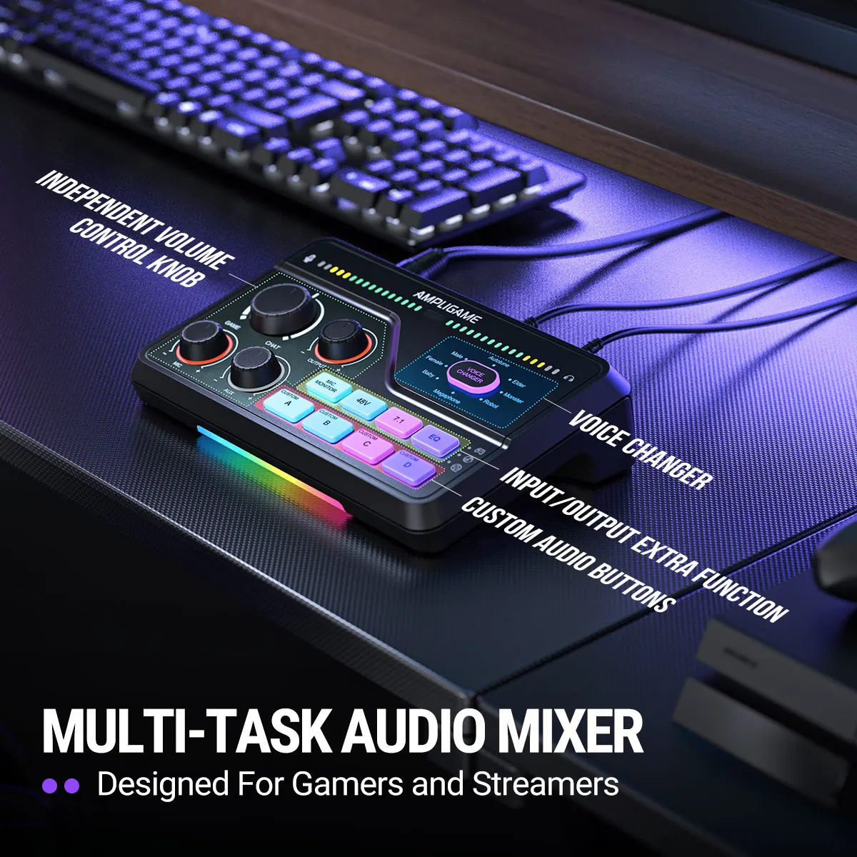 FIFINE SC8 Audio Mixer with RGB lighting & Voice Changer, XLR Mic Preamp, 3 EQ Modes, Plug & Play for Gaming/Streaming/Podcast 3