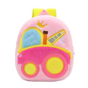 Pink plush car-themed kids backpack with crown design