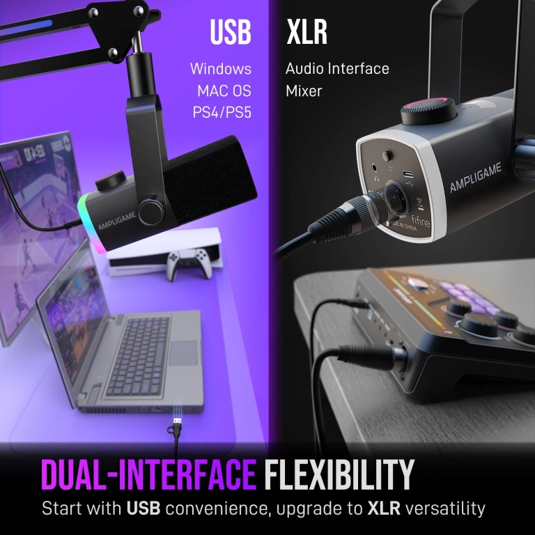 FIFINE AM8PROT Gaming Microphone Kit with Boom Arm, Dynamic XLR/USB Streaming Mic with RGB Light & Tap-to-Mute & Mix Control 6