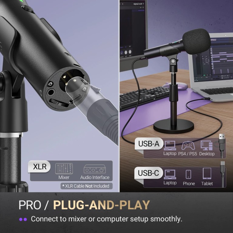 FIFINE USB/XLR Dynamic Microphone for Recording,Studio Handheld Mic with Desktop Stand for Vocal/Streaming/dubbing/Meeting-TANK2 5