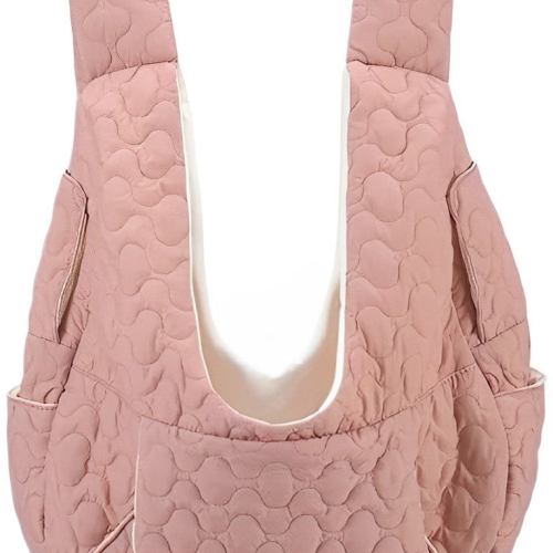 Pink quilted baby carrier with wide straps