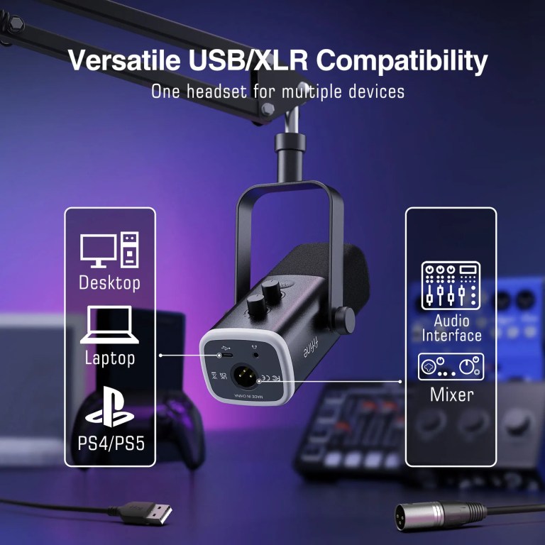 FIFINE Dynamic XLR Microphone Kit with Boom Arm for Mixer,Gaming USB Mic Set with RGB,Volume Control for PC PS5/4 AmpliGame AM8T 5