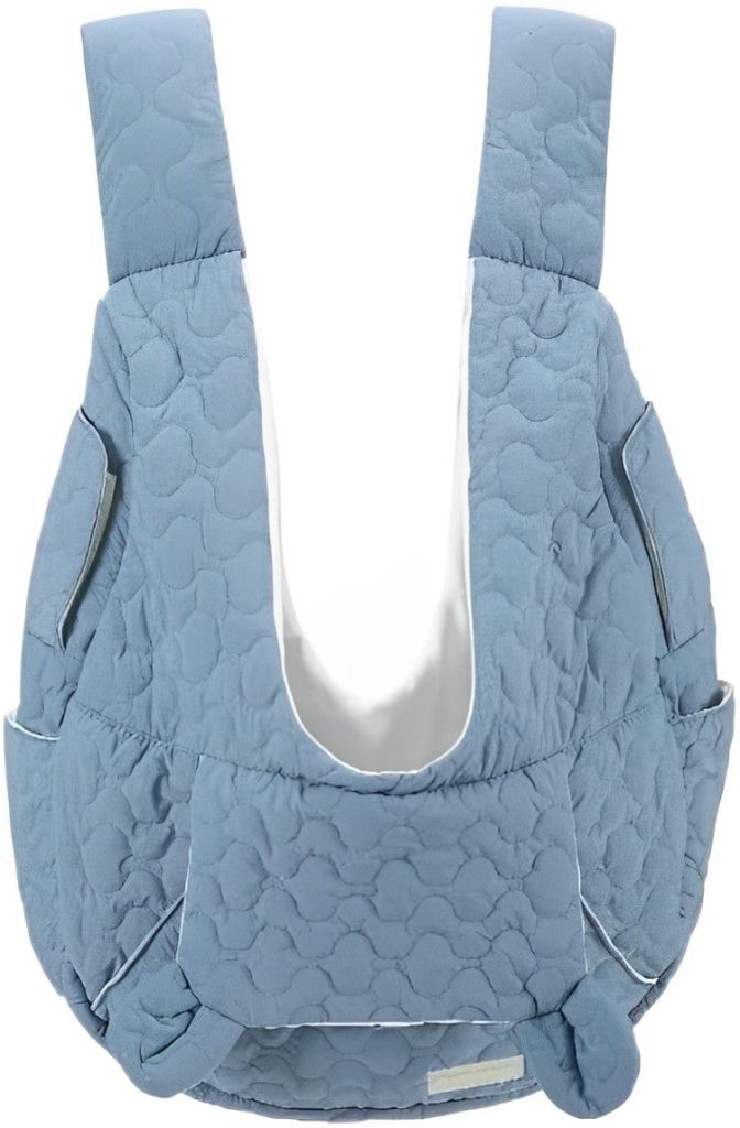 Light blue quilted baby carrier with shoulder straps