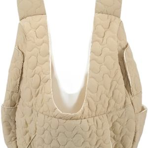 Beige quilted shoulder bag with wide straps