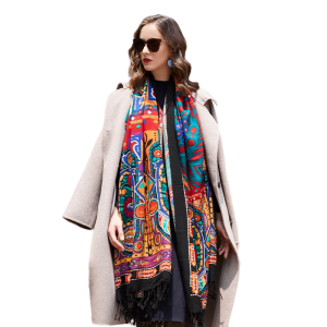 Woman in beige coat with colourful patterned scarf