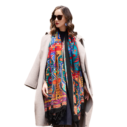 7 665ab032 893c 401a afa5 19a5293c758b.png Woman in beige coat with colourful patterned scarf