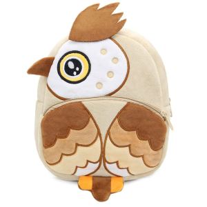 Plush owl-shaped children's backpack in beige and brown