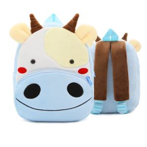 Blue plush cow backpack, front and back view