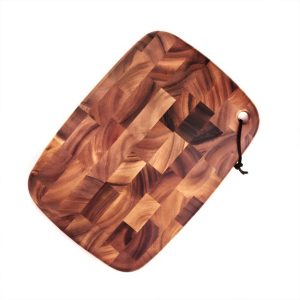End-grain wooden cutting board with leather loop