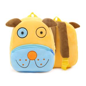 Yellow dog-shaped children's backpack with blue pocket