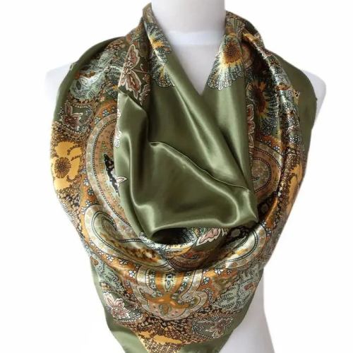 Olive green satin paisley scarf on mannequin