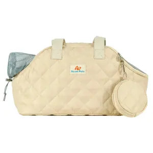 Beige quilted pet carrier with mesh panel