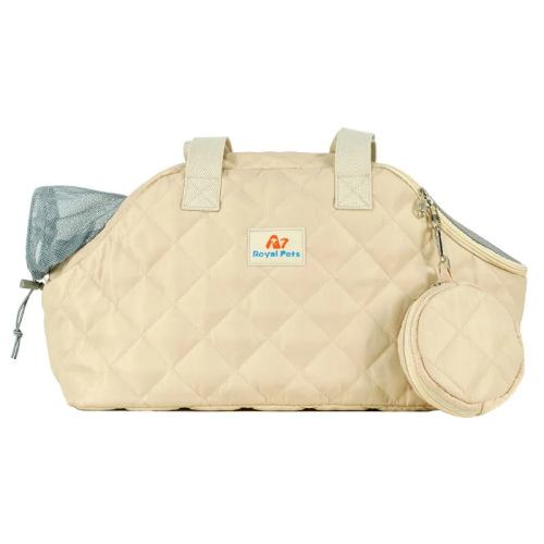 Beige quilted pet carrier with mesh panel