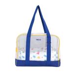 Transparent tote bag with blue handles and trim