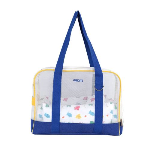 Transparent tote bag with blue handles and trim